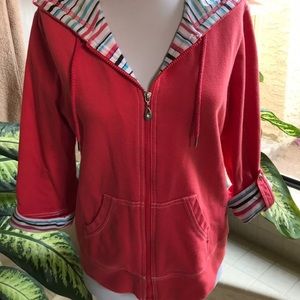 Petite Sophisticate Red Hoodie w/ Multicolor Stripe Detail
